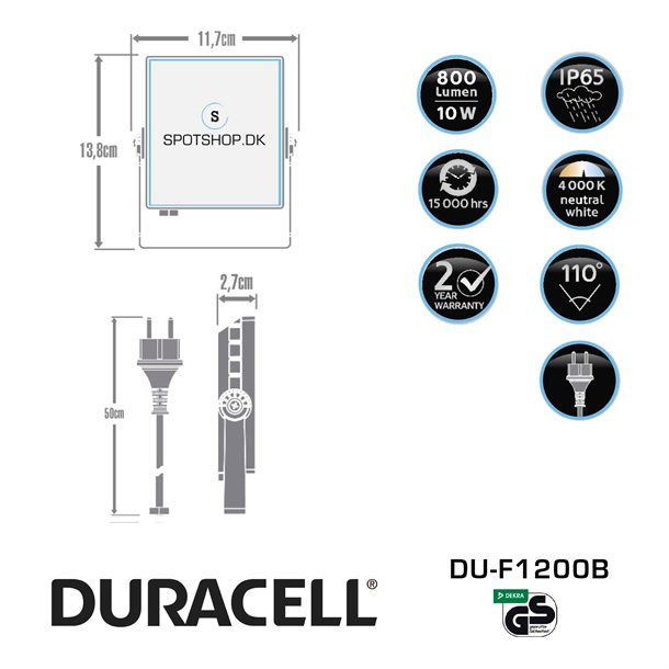 DURACELL LED projektør 10W med 800 lumen uden sensor #DU-F1000B  
